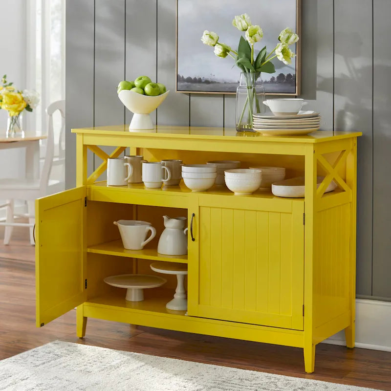 Buffet/Bahut 2 portes avec étagère ouverte, coloris Espresso / Noir / Blanc / Gris anthracite / Jaune