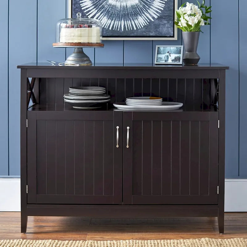 Buffet/Bahut 2 portes avec étagère ouverte, coloris Espresso / Noir / Blanc / Gris anthracite / Jaune