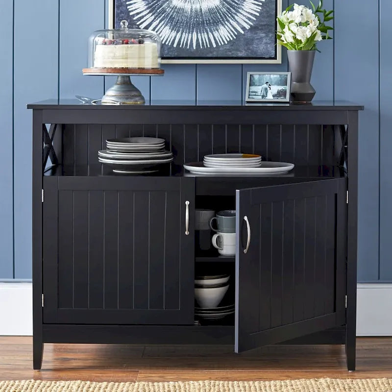 Buffet/Bahut 2 portes avec étagère ouverte, coloris Espresso / Noir / Blanc / Gris anthracite / Jaune