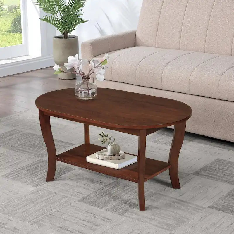 Table basse ovale expresso / blanche / noire avec étagère inférieure et pieds incurvés