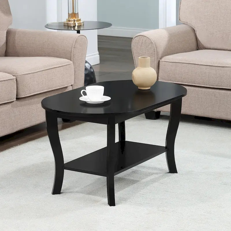 Table basse ovale expresso / blanche / noire avec étagère inférieure et pieds incurvés