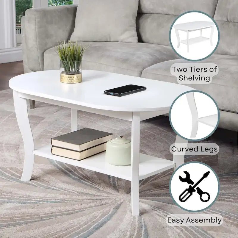 Table basse ovale expresso / blanche / noire avec étagère inférieure et pieds incurvés