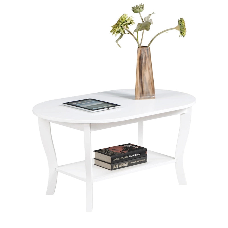 Table basse ovale expresso / blanche / noire avec étagère inférieure et pieds incurvés
