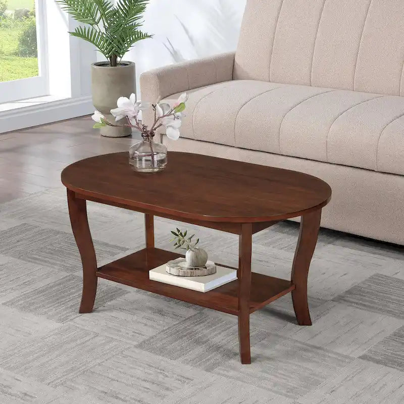 Table basse ovale expresso / blanche / noire avec étagère inférieure et pieds incurvés