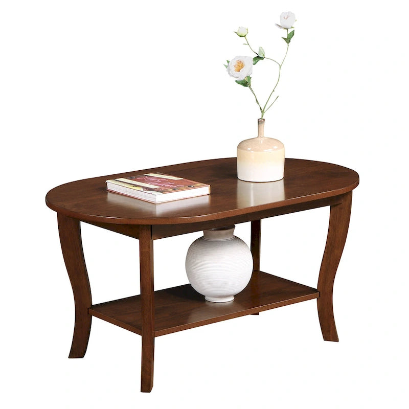 Table basse ovale expresso / blanche / noire avec étagère inférieure et pieds incurvés