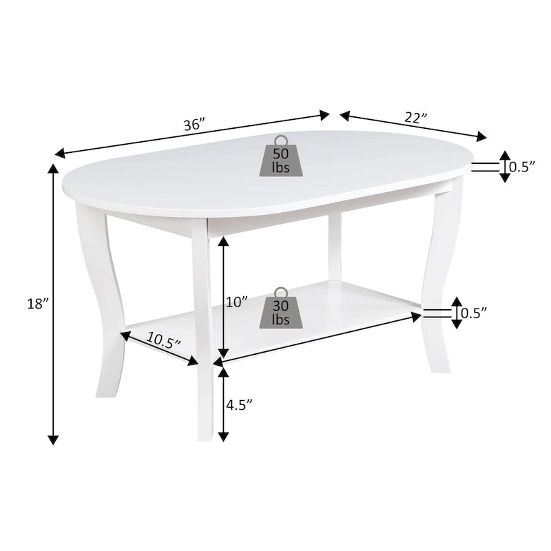 Table basse ovale expresso / blanche / noire avec étagère inférieure et pieds incurvés