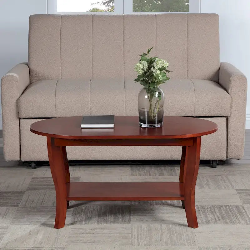 Table basse ovale expresso / blanche / noire avec étagère inférieure et pieds incurvés