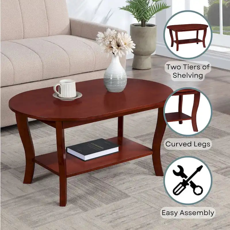 Table basse ovale expresso / blanche / noire avec étagère inférieure et pieds incurvés
