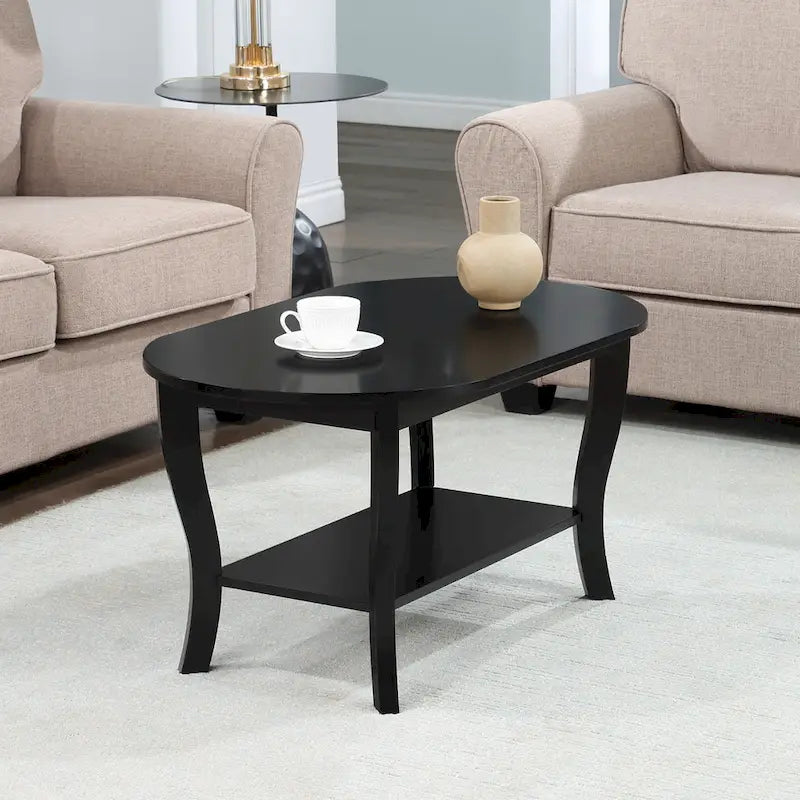 Table basse ovale expresso / blanche / noire avec étagère inférieure et pieds incurvés
