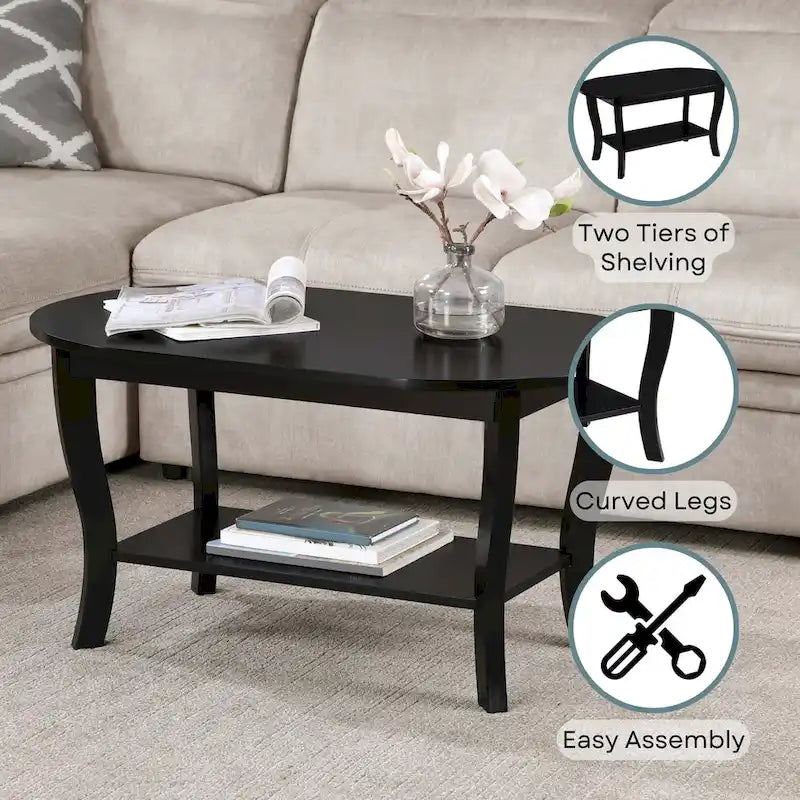 Table basse ovale expresso / blanche / noire avec étagère inférieure et pieds incurvés
