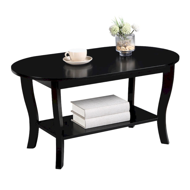 Table basse ovale expresso / blanche / noire avec étagère inférieure et pieds incurvés