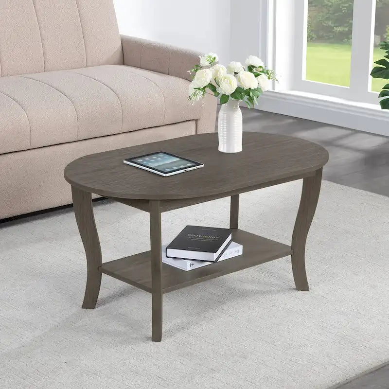 Table basse ovale expresso / blanche / noire avec étagère inférieure et pieds incurvés