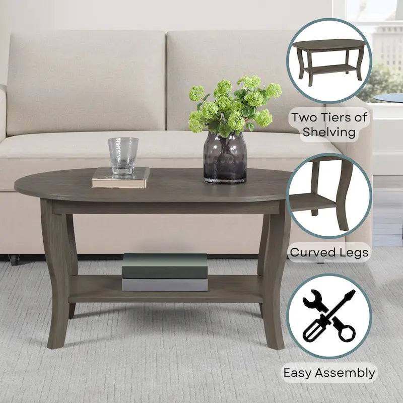 Table basse ovale expresso / blanche / noire avec étagère inférieure et pieds incurvés