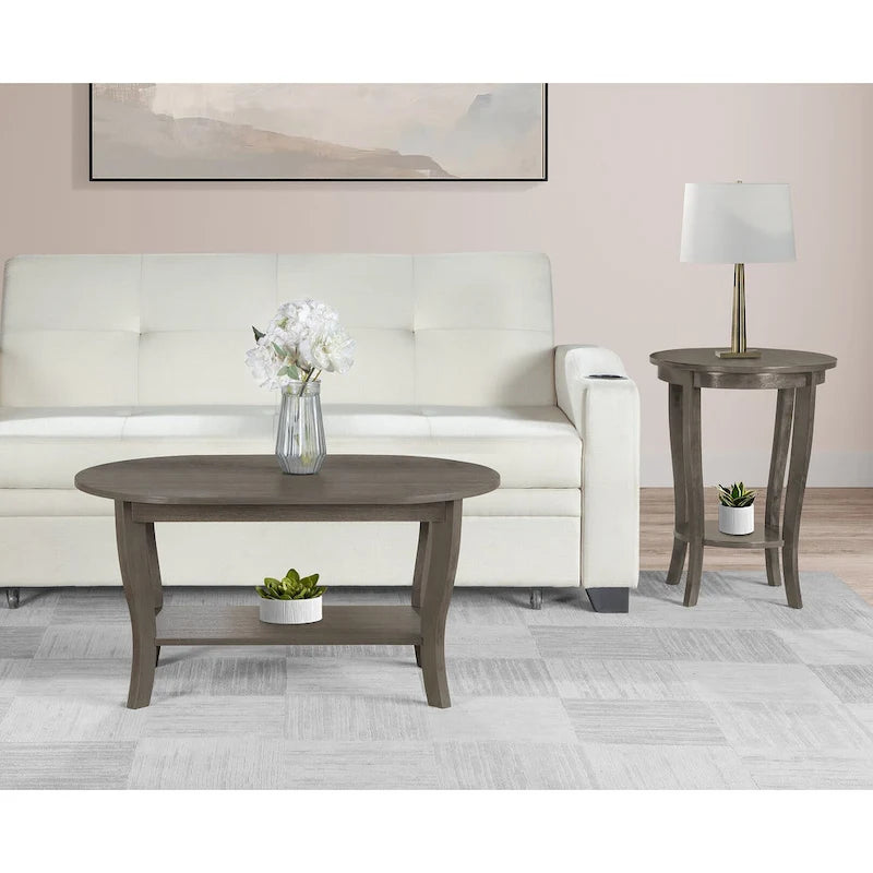 Table basse ovale expresso / blanche / noire avec étagère inférieure et pieds incurvés