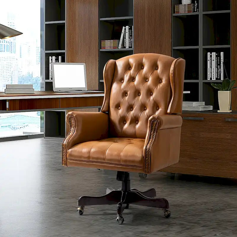 Fauteuil de bureau pivotant avec dossier capitonné et accoudoirs cloutés, turquoise / marron / camel / noir / marine, style classique, 1 personne