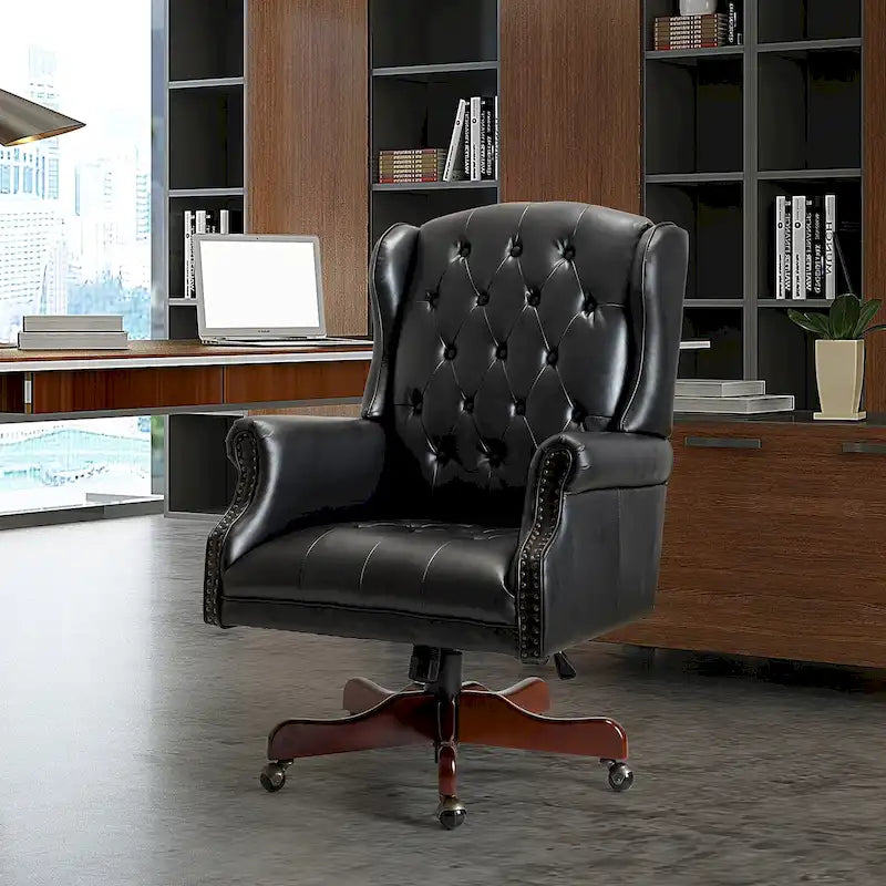 Fauteuil de bureau pivotant avec dossier capitonné et accoudoirs cloutés, turquoise / marron / camel / noir / marine, style classique, 1 personne