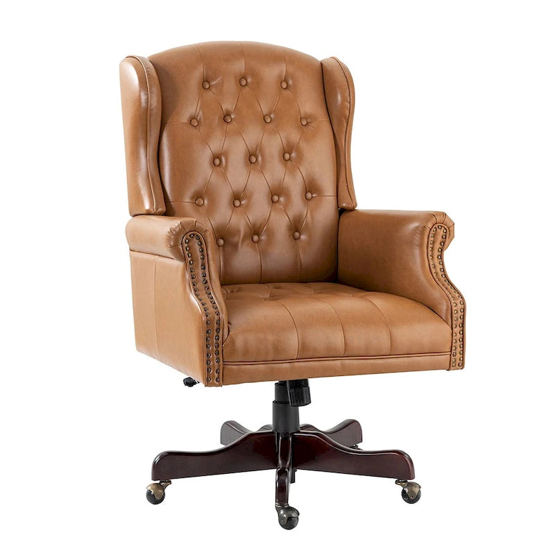 Fauteuil de bureau pivotant avec dossier capitonné et accoudoirs cloutés, turquoise / marron / camel / noir / marine, style classique, 1 personne
