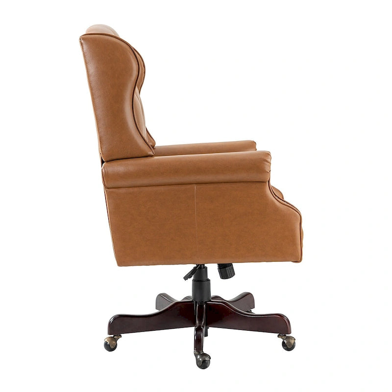 Fauteuil de bureau pivotant avec dossier capitonné et accoudoirs cloutés, turquoise / marron / camel / noir / marine, style classique, 1 personne