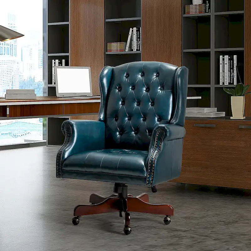 Fauteuil de bureau pivotant avec dossier capitonné et accoudoirs cloutés, turquoise / marron / camel / noir / marine, style classique, 1 personne