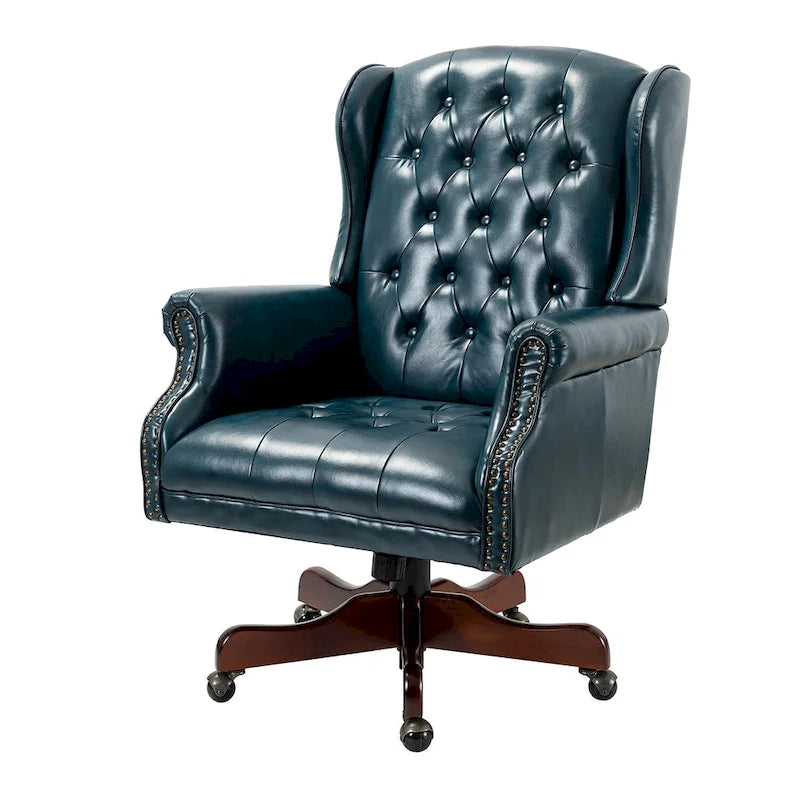 Fauteuil de bureau pivotant avec dossier capitonné et accoudoirs cloutés, turquoise / marron / camel / noir / marine, style classique, 1 personne