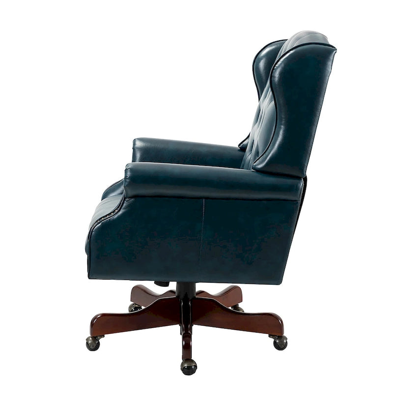 Fauteuil de bureau pivotant avec dossier capitonné et accoudoirs cloutés, turquoise / marron / camel / noir / marine, style classique, 1 personne