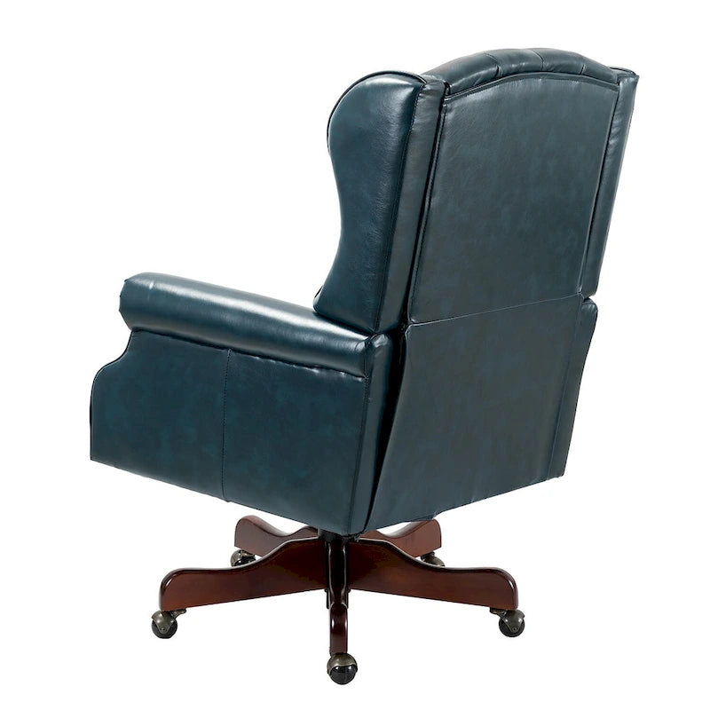 Fauteuil de bureau pivotant avec dossier capitonné et accoudoirs cloutés, turquoise / marron / camel / noir / marine, style classique, 1 personne