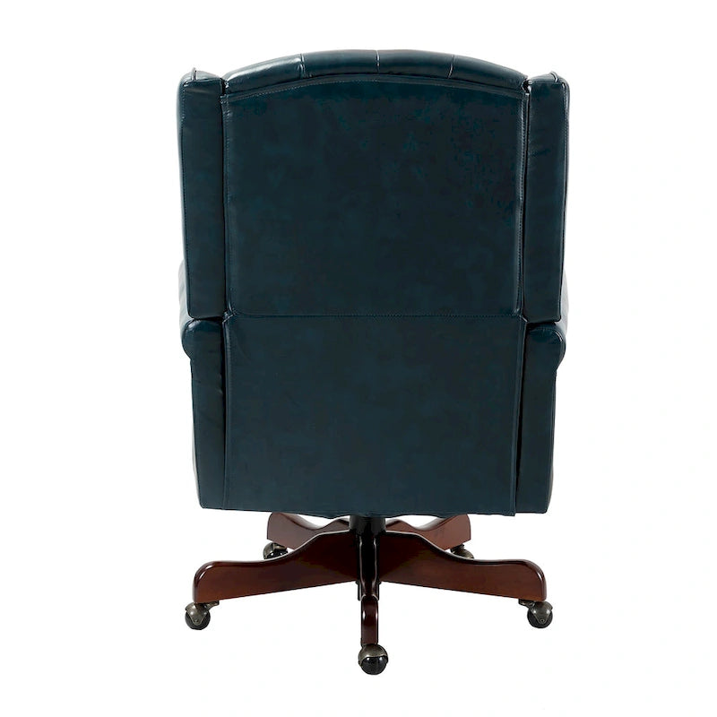 Fauteuil de bureau pivotant avec dossier capitonné et accoudoirs cloutés, turquoise / marron / camel / noir / marine, style classique, 1 personne