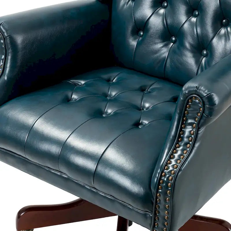 Fauteuil de bureau pivotant avec dossier capitonné et accoudoirs cloutés, turquoise / marron / camel / noir / marine, style classique, 1 personne