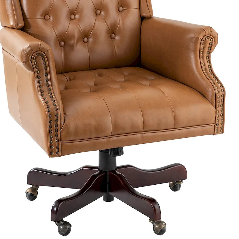 Fauteuil de bureau pivotant avec dossier capitonné et accoudoirs cloutés, turquoise / marron / camel / noir / marine, style classique, 1 personne