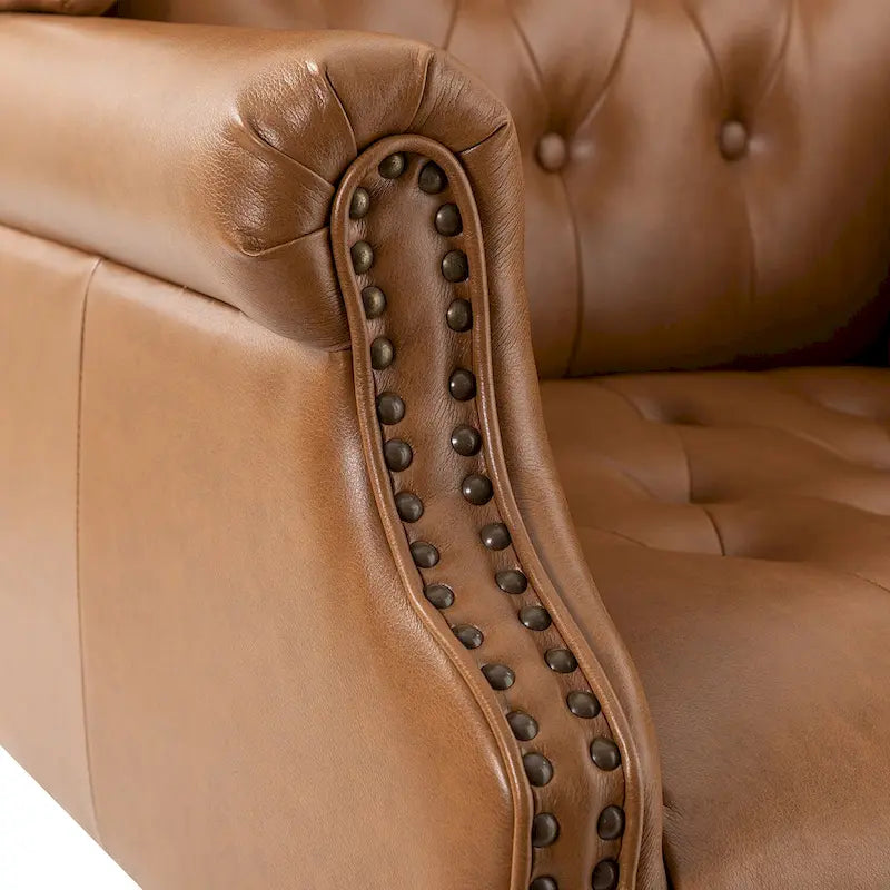 Fauteuil de bureau pivotant avec dossier capitonné et accoudoirs cloutés, turquoise / marron / camel / noir / marine, style classique, 1 personne