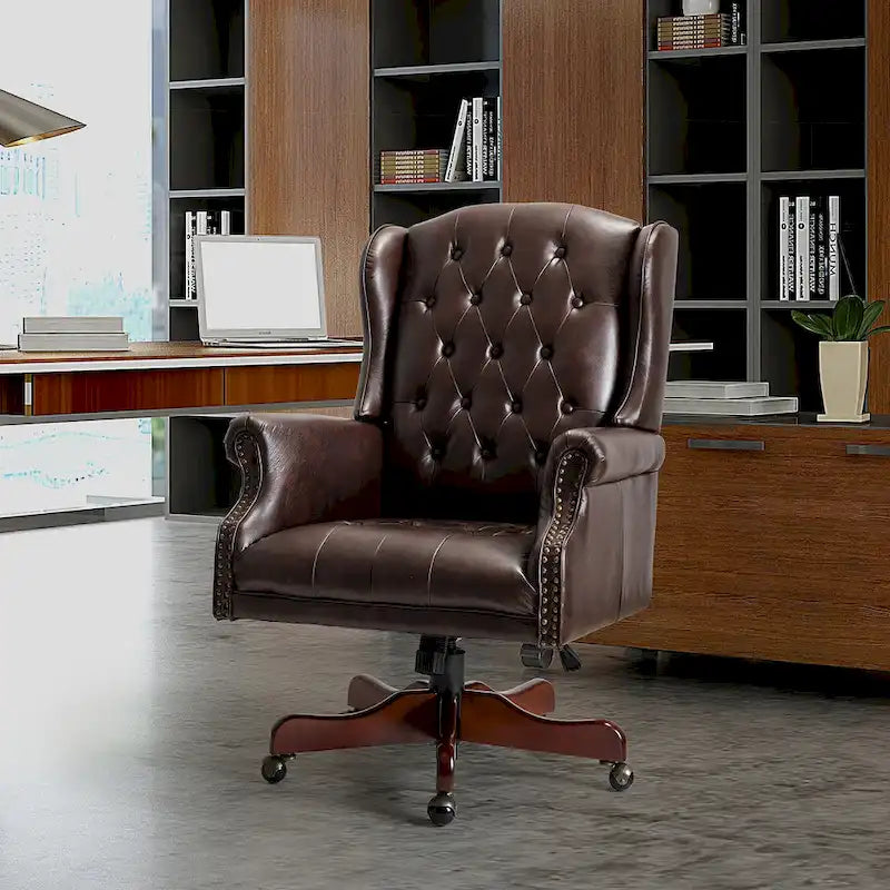 Fauteuil de bureau pivotant avec dossier capitonné et accoudoirs cloutés, turquoise / marron / camel / noir / marine, style classique, 1 personne