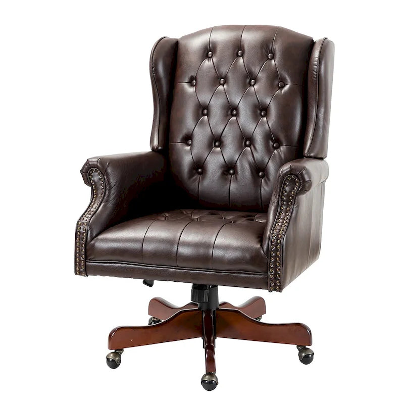 Fauteuil de bureau pivotant avec dossier capitonné et accoudoirs cloutés, turquoise / marron / camel / noir / marine, style classique, 1 personne