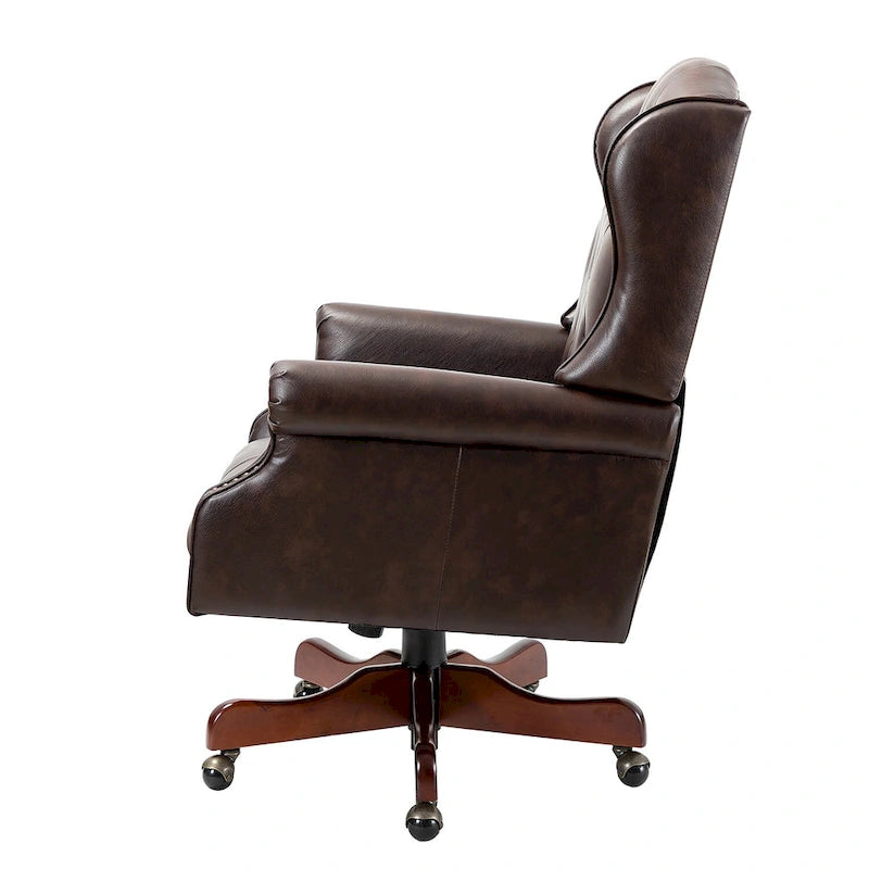 Fauteuil de bureau pivotant avec dossier capitonné et accoudoirs cloutés, turquoise / marron / camel / noir / marine, style classique, 1 personne
