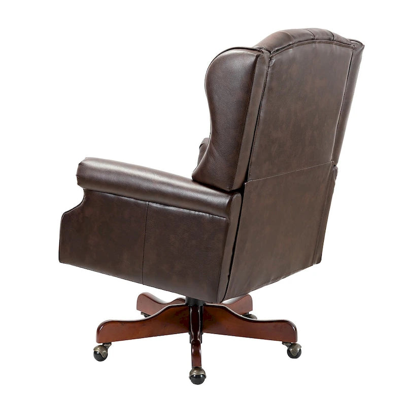 Fauteuil de bureau pivotant avec dossier capitonné et accoudoirs cloutés, turquoise / marron / camel / noir / marine, style classique, 1 personne