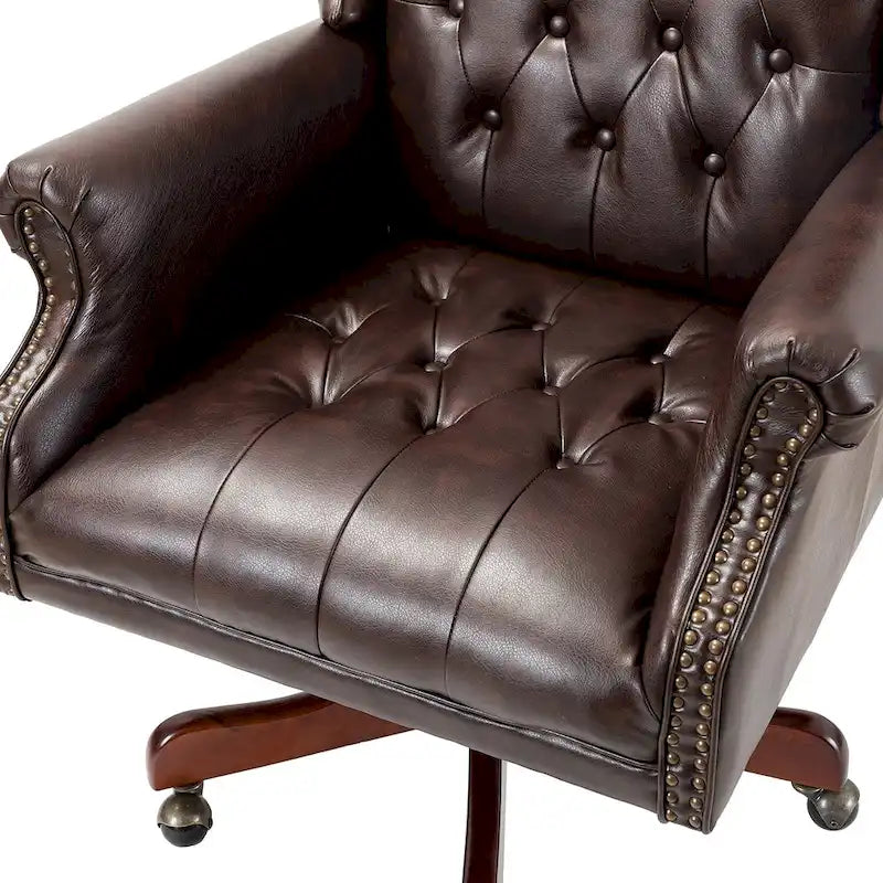 Fauteuil de bureau pivotant avec dossier capitonné et accoudoirs cloutés, turquoise / marron / camel / noir / marine, style classique, 1 personne