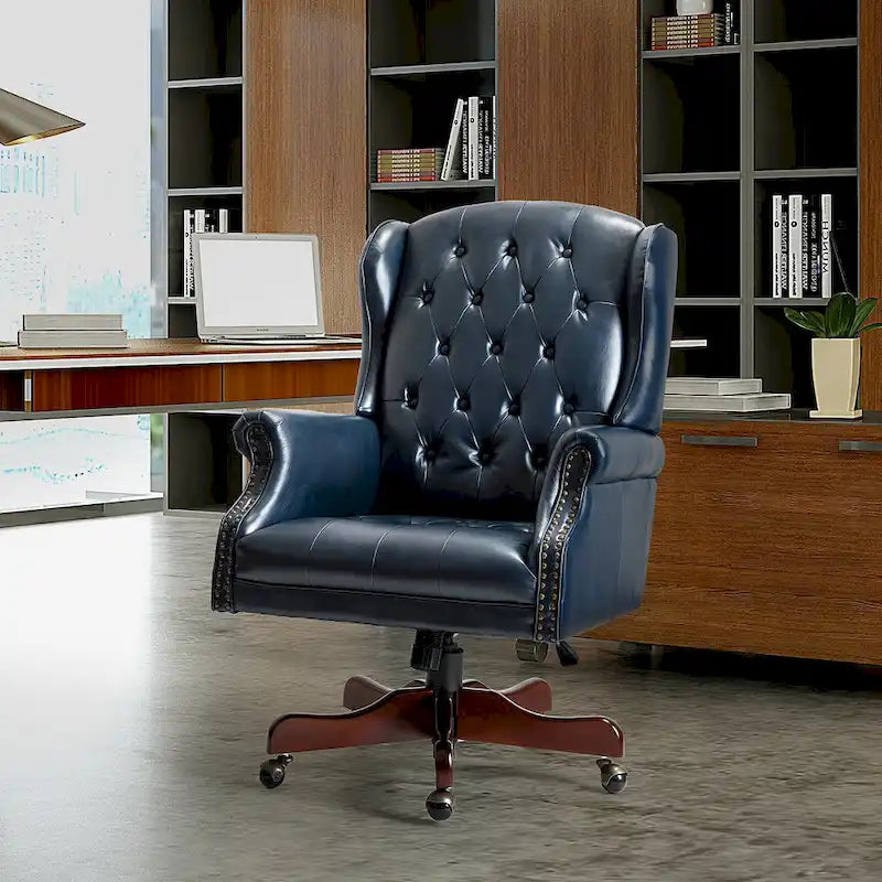 Fauteuil de bureau pivotant avec dossier capitonné et accoudoirs cloutés, turquoise / marron / camel / noir / marine, style classique, 1 personne