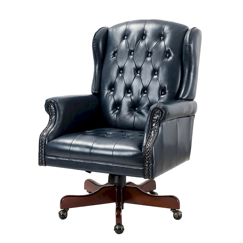 Fauteuil de bureau pivotant avec dossier capitonné et accoudoirs cloutés, turquoise / marron / camel / noir / marine, style classique, 1 personne
