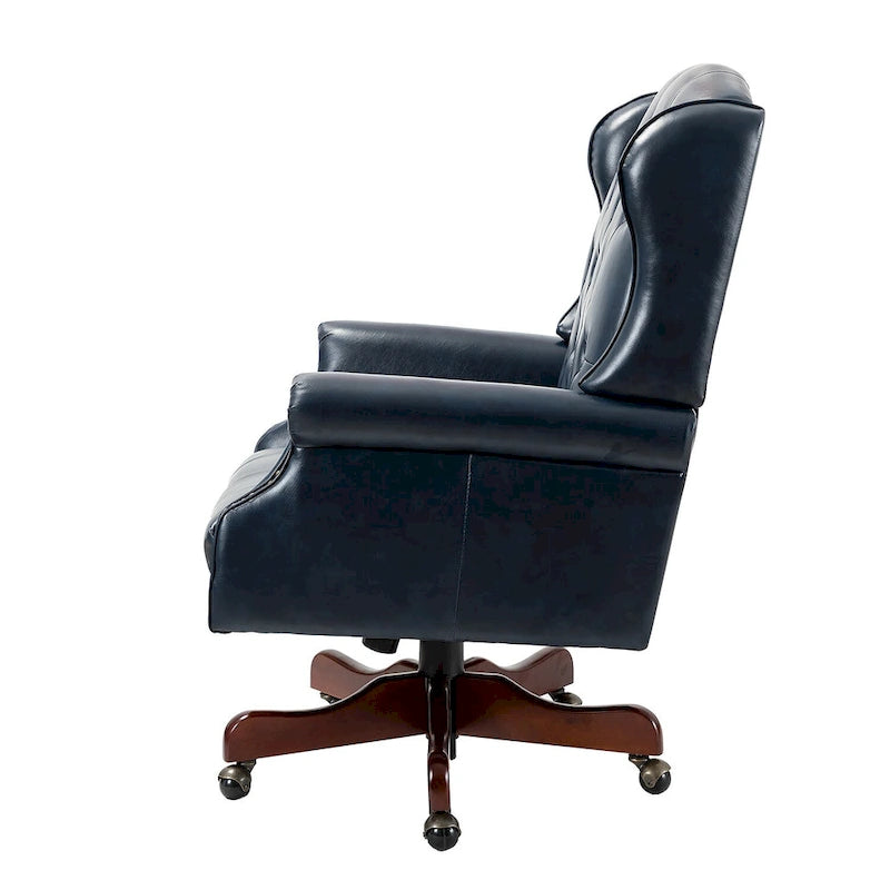 Fauteuil de bureau pivotant avec dossier capitonné et accoudoirs cloutés, turquoise / marron / camel / noir / marine, style classique, 1 personne