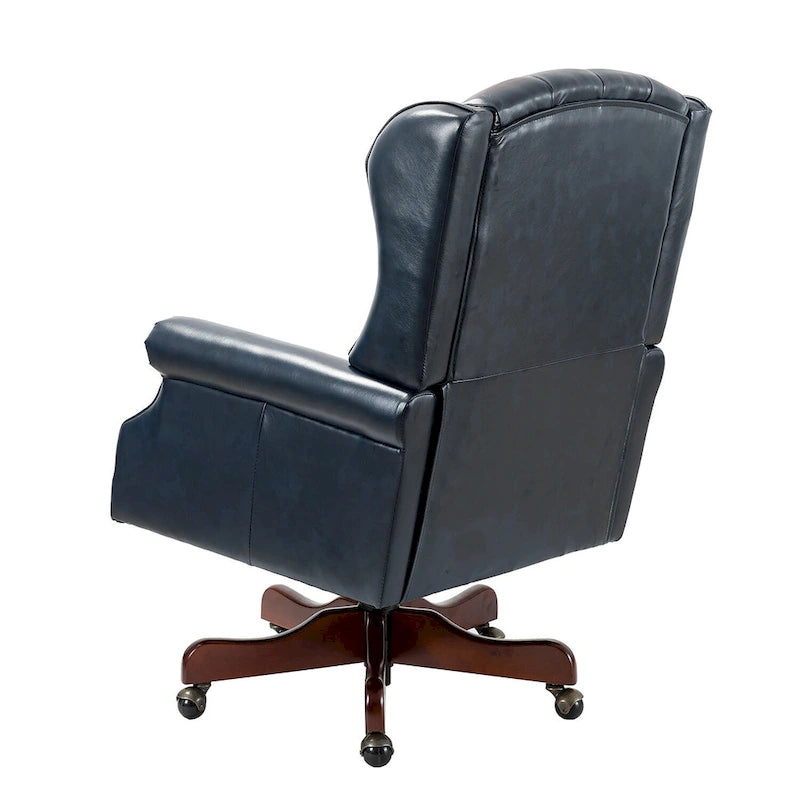 Fauteuil de bureau pivotant avec dossier capitonné et accoudoirs cloutés, turquoise / marron / camel / noir / marine, style classique, 1 personne