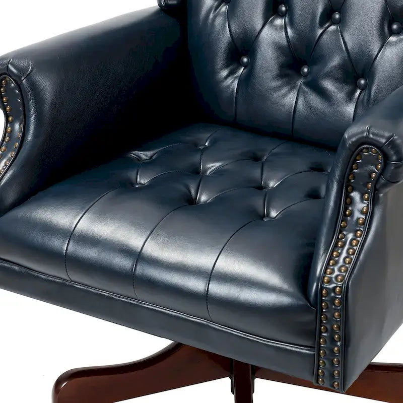 Fauteuil de bureau pivotant avec dossier capitonné et accoudoirs cloutés, turquoise / marron / camel / noir / marine, style classique, 1 personne