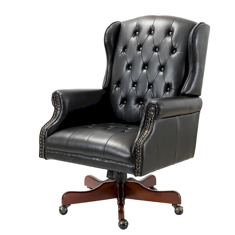 Fauteuil de bureau pivotant avec dossier capitonné et accoudoirs cloutés, turquoise / marron / camel / noir / marine, style classique, 1 personne