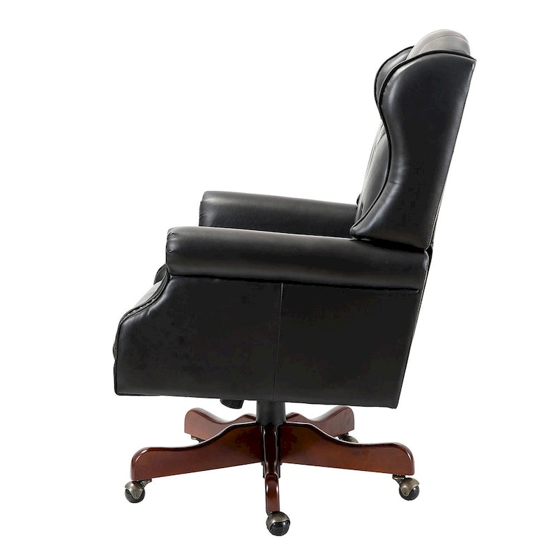 Fauteuil de bureau pivotant avec dossier capitonné et accoudoirs cloutés, turquoise / marron / camel / noir / marine, style classique, 1 personne
