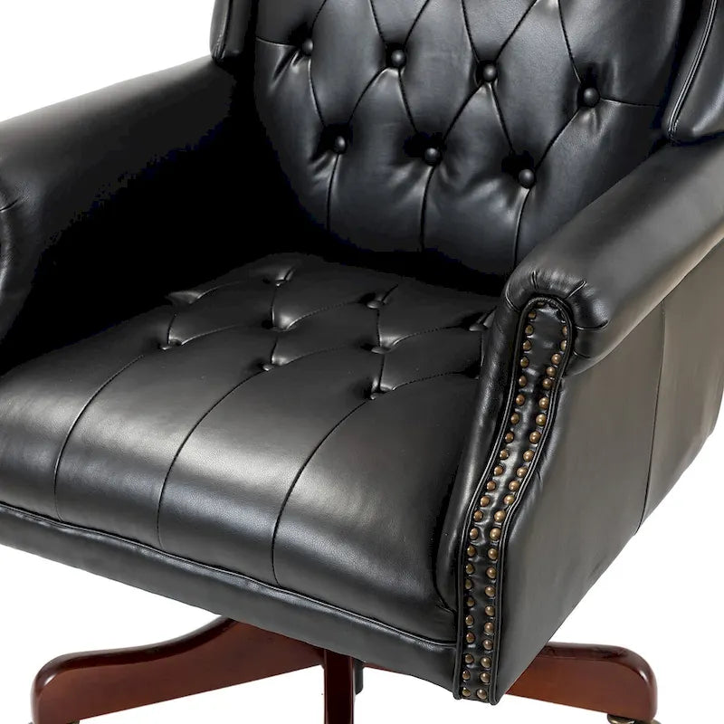 Fauteuil de bureau pivotant avec dossier capitonné et accoudoirs cloutés, turquoise / marron / camel / noir / marine, style classique, 1 personne