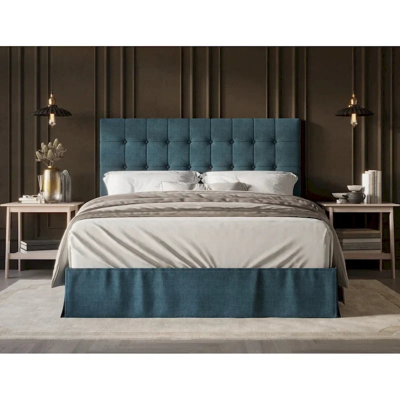 Lit à panneaux rembourrés capitonné avec jupe de lit, bleu denim / beige / gris chaud / noir, style classique, 1 personne (une place / deux places / grand lit / très grand lit)