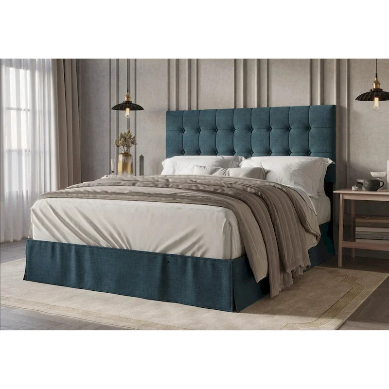 Lit à panneaux rembourrés capitonné avec jupe de lit, bleu denim / beige / gris chaud / noir, style classique, 1 personne (une place / deux places / grand lit / très grand lit)