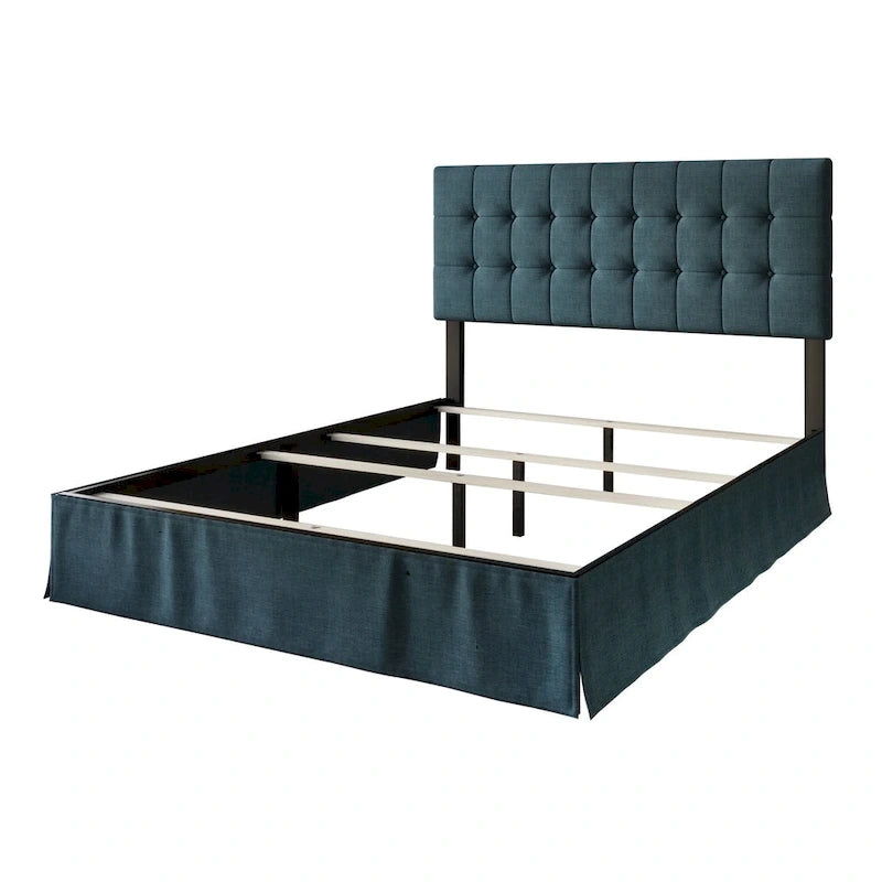 Lit à panneaux rembourrés capitonné avec jupe de lit, bleu denim / beige / gris chaud / noir, style classique, 1 personne (une place / deux places / grand lit / très grand lit)