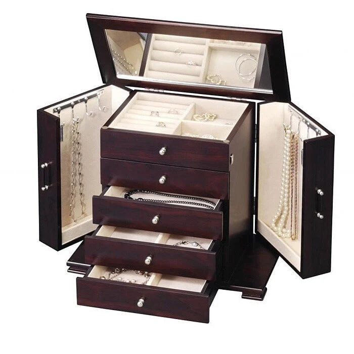 Boîte à bijoux en bois avec miroir, doublure en velours et compartiments multiples, marron, style classique, 1 personne