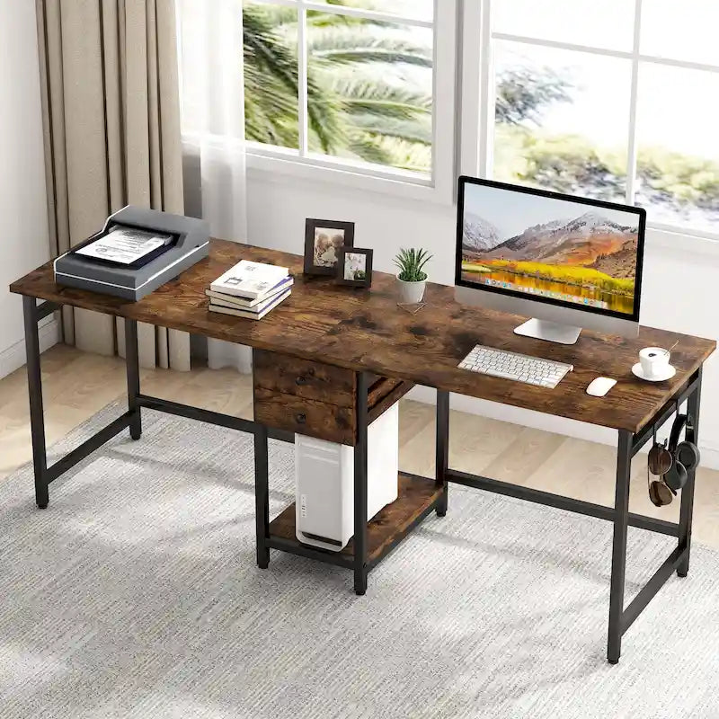 Bureau deux personnes 78" avec tiroirs et étagère de rangement, marron rustique / blanc / gris, style industriel, 2 personnes