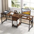 Bureau deux personnes 78" avec tiroirs et étagère de rangement, marron rustique / blanc / gris, style industriel, 2 personnes