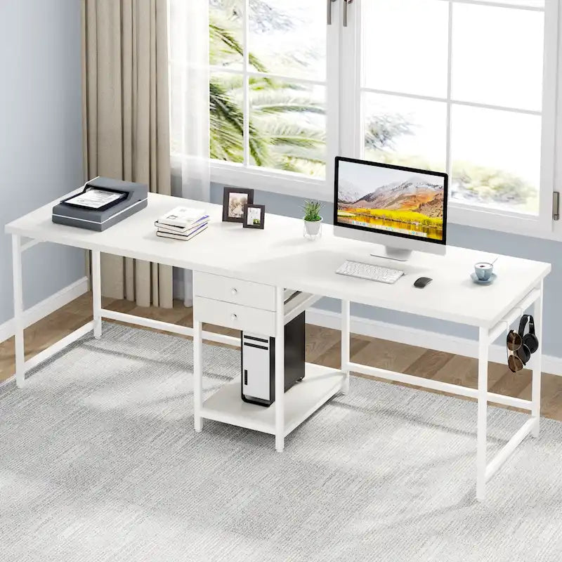 Bureau deux personnes 78" avec tiroirs et étagère de rangement, marron rustique / blanc / gris, style industriel, 2 personnes